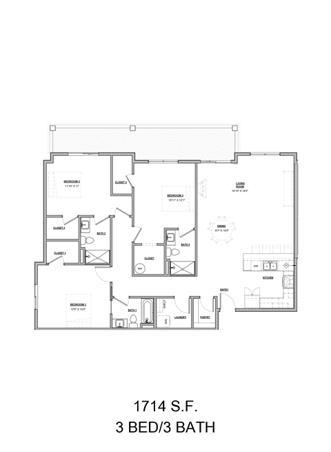 Floor plan for 3 beds, 3 baths, 1714 sqft